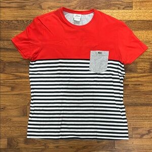Lacoste Men's Red and Black Striped T-Shirt